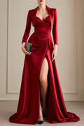 Formal Evening Outfit Sets Dress Burgundy Maxi Long Sleeve Dress