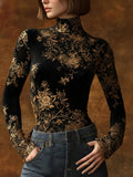 Long Sleeves Skinny Contrast Color Flower Print Split-Joint High Neck Blouses&Shirts Tops