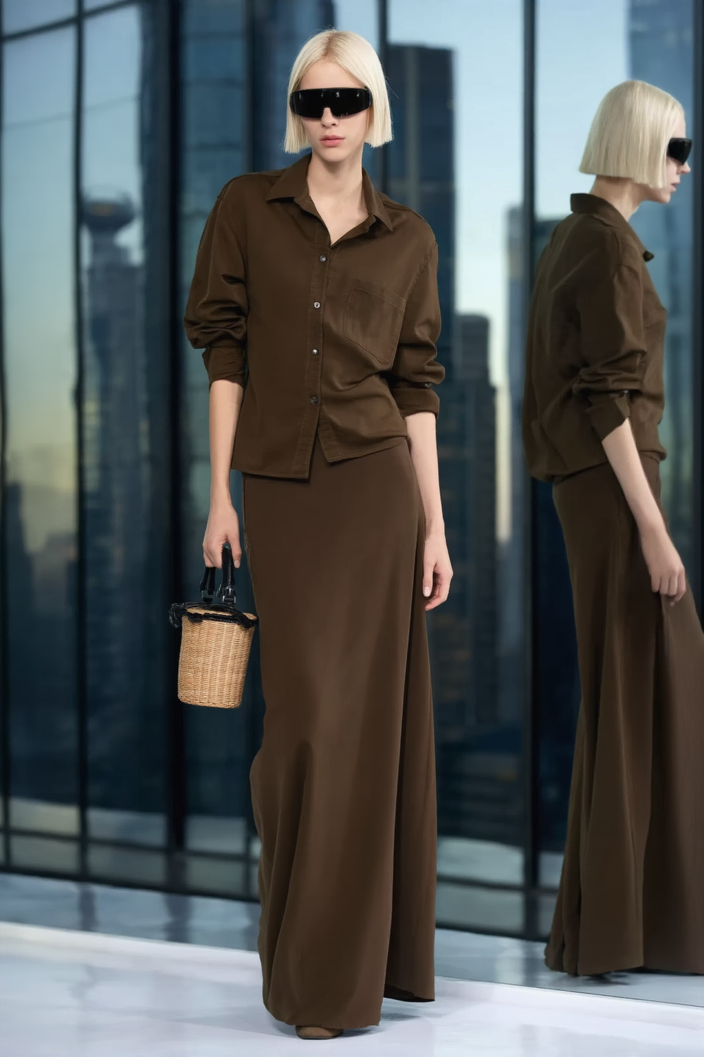 Casual Set Coffee Shirt Collar Maxi Skirt Two-Piece Set