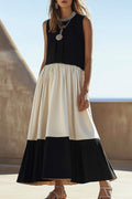 Casual Linen Dress Black White Colorblock Round Neck Sleeveless Maxi Dress