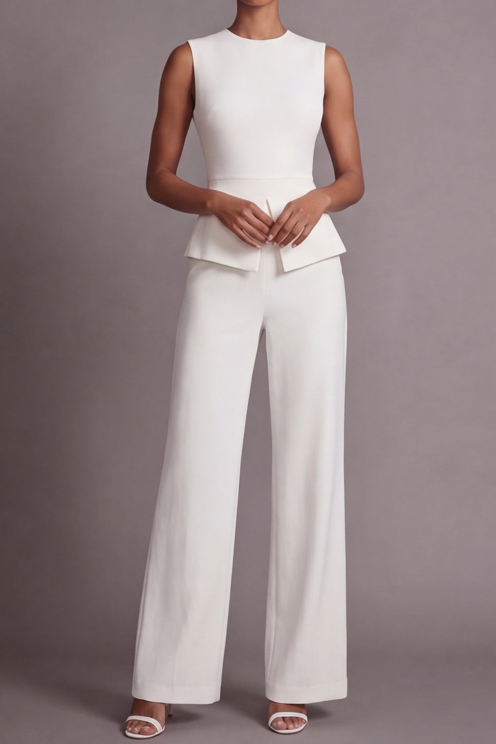 White Work Suit Sets Round Neck Sleeveless Pants Set