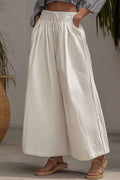 Casual Daily Pants White Elastic Waist Pockets Wide-Legged Long Pants