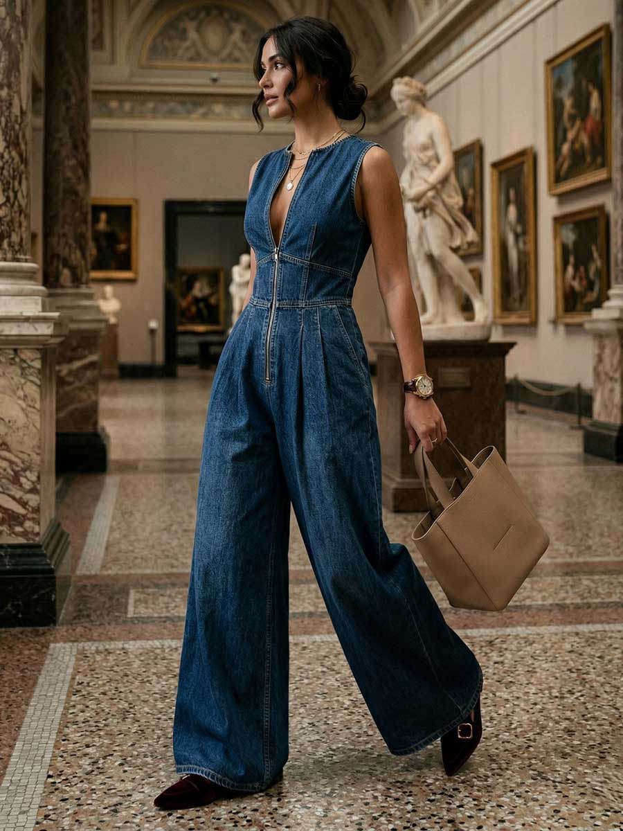High Waisted Sleeveless Pleated Pockets Solid Color Zipper Round-Neck Jumpsuits