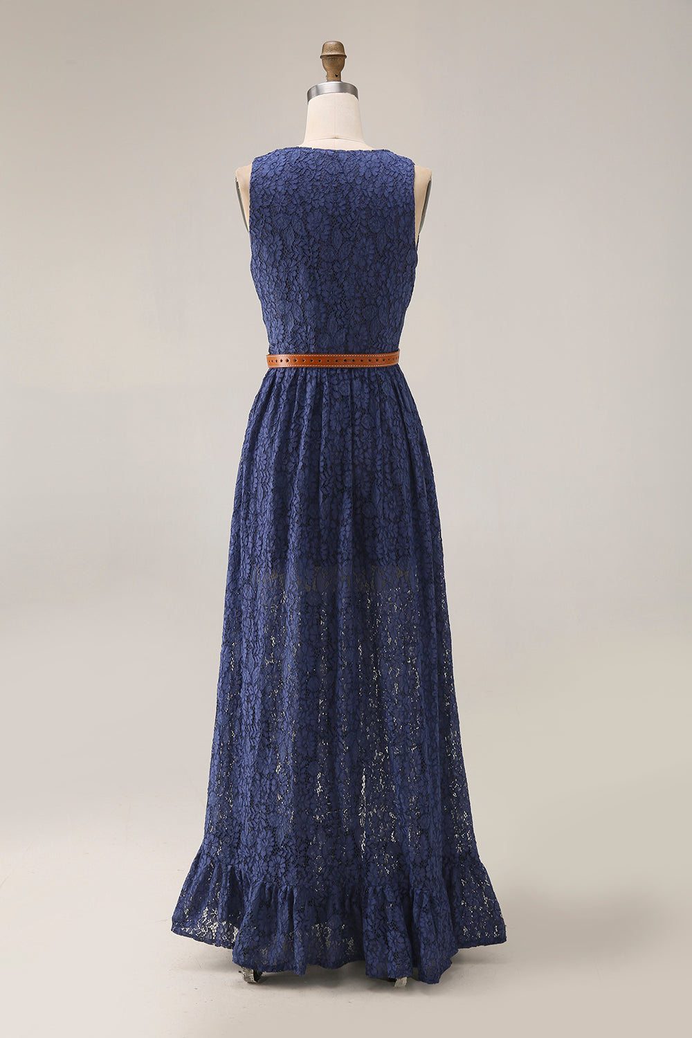 Boho Lace Dress Blue V Neck Sleeveless Belted High Slit Maxi Dress