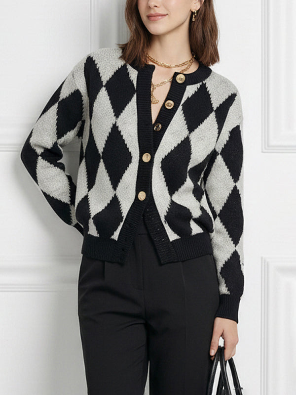 Long Sleeves Buttoned Plaid Round-Neck Cardigan Tops