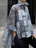 High-Low Long Sleeves Buttoned Contrast Color Printed See-Through Split-Joint Lapel Blouses&Shirts Tops