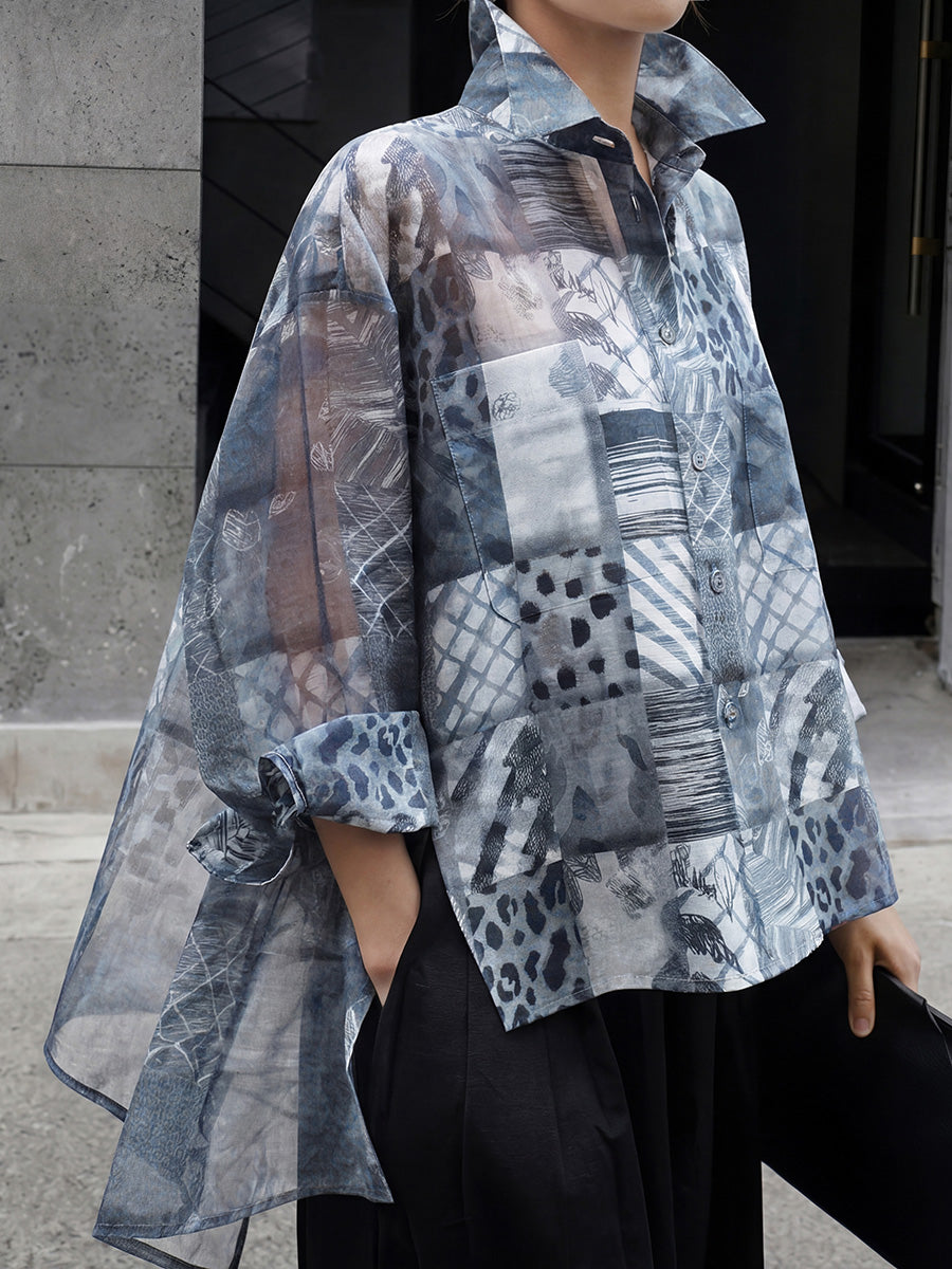 High-Low Long Sleeves Buttoned Contrast Color Printed See-Through Split-Joint Lapel Blouses&Shirts Tops