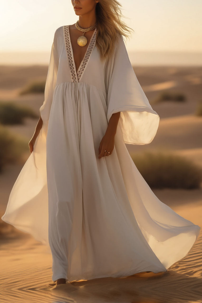 Bohemian Swing Dress White Deep V Colorblock Maxi Dress