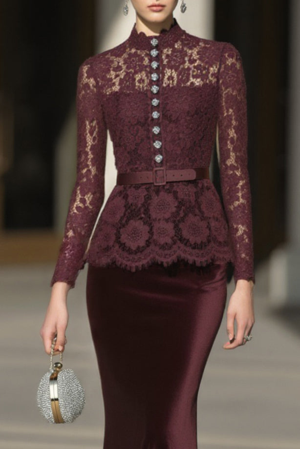 Evening Set Purple Lace Long Sleeve Top with Velvet Mermaid Maxi Skirt