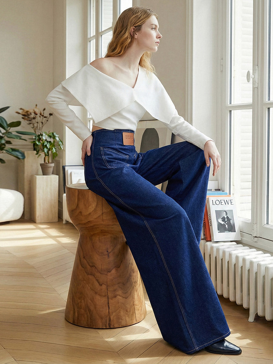 High Waisted Loose Elasticity Pockets Solid Color Zipper Jean Pants Bottoms