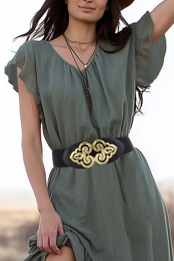 Boho Dress Green V Neck Ruffle Belted Maxi Dress