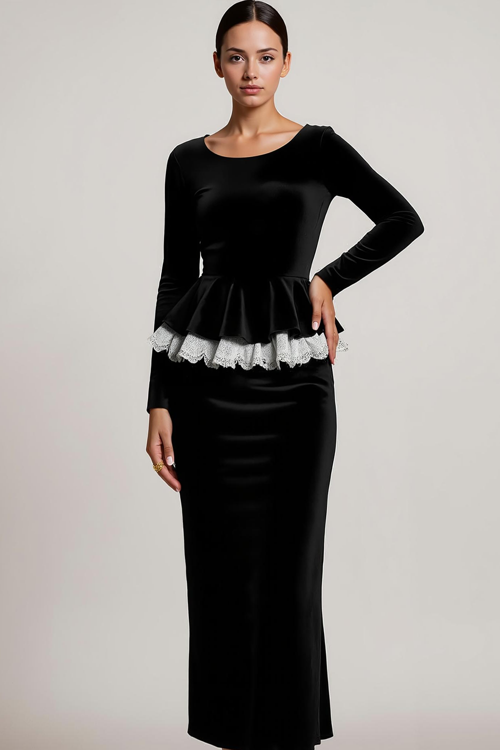 Work Outfit Sets Dress Black Crew Neck Midi Skirt Set