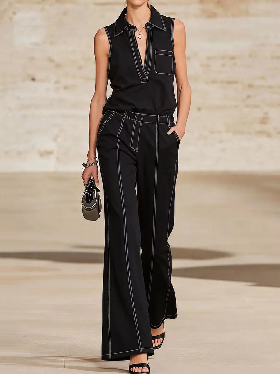 High Waisted Wide Leg Line Pockets Solid Color Pants Trousers