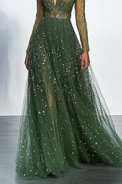 Evening Formal Sparkling Dress Green Deep V Mesh Long Sleeve Maxi Dress