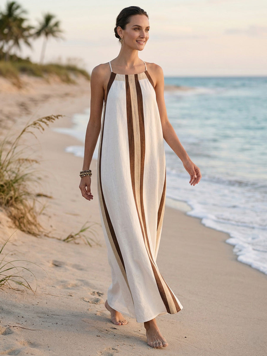 A-Line Loose Contrast Color Pleated Spaghetti-Neck Maxi Dresses