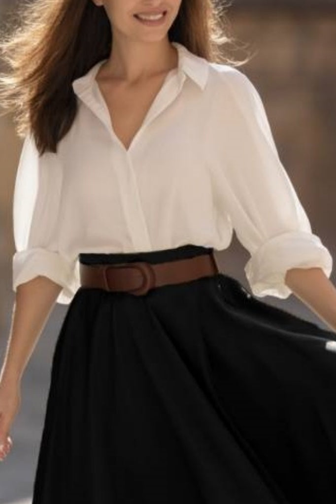 Casual Swing Shirt Skirt Set Black White Lapel Maxi