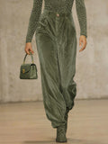 High Waisted Pleated Pockets Solid Color Velvet Pants Trousers