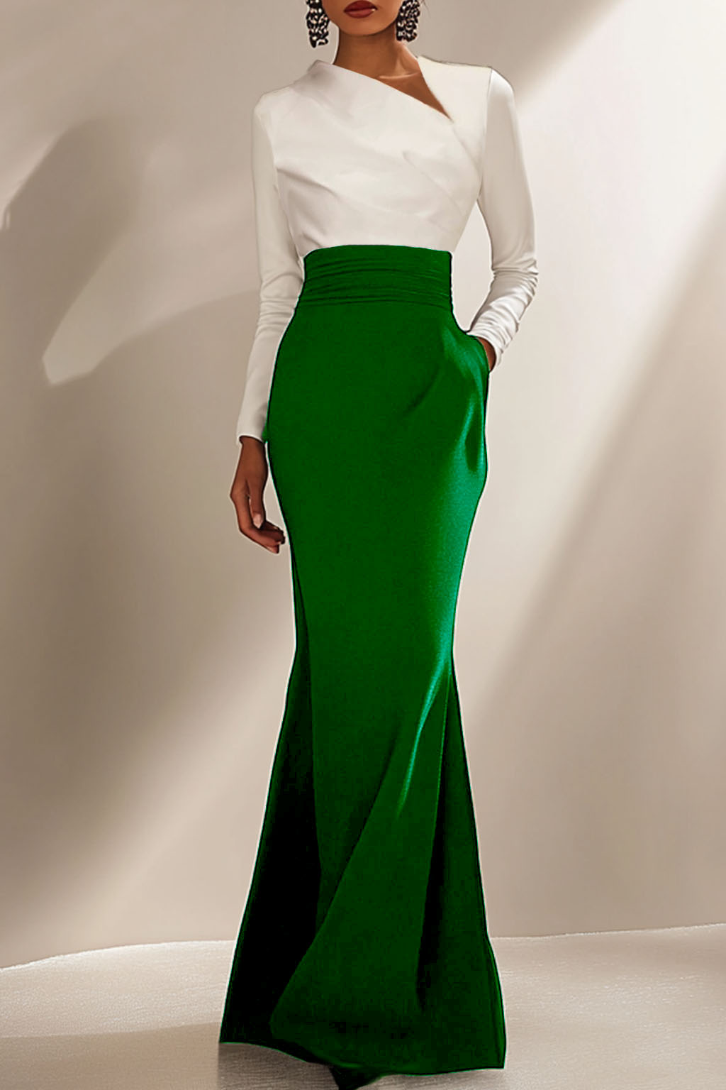 Evening Formal Elegant Dress Black White Long Sleeve Maxi Dress