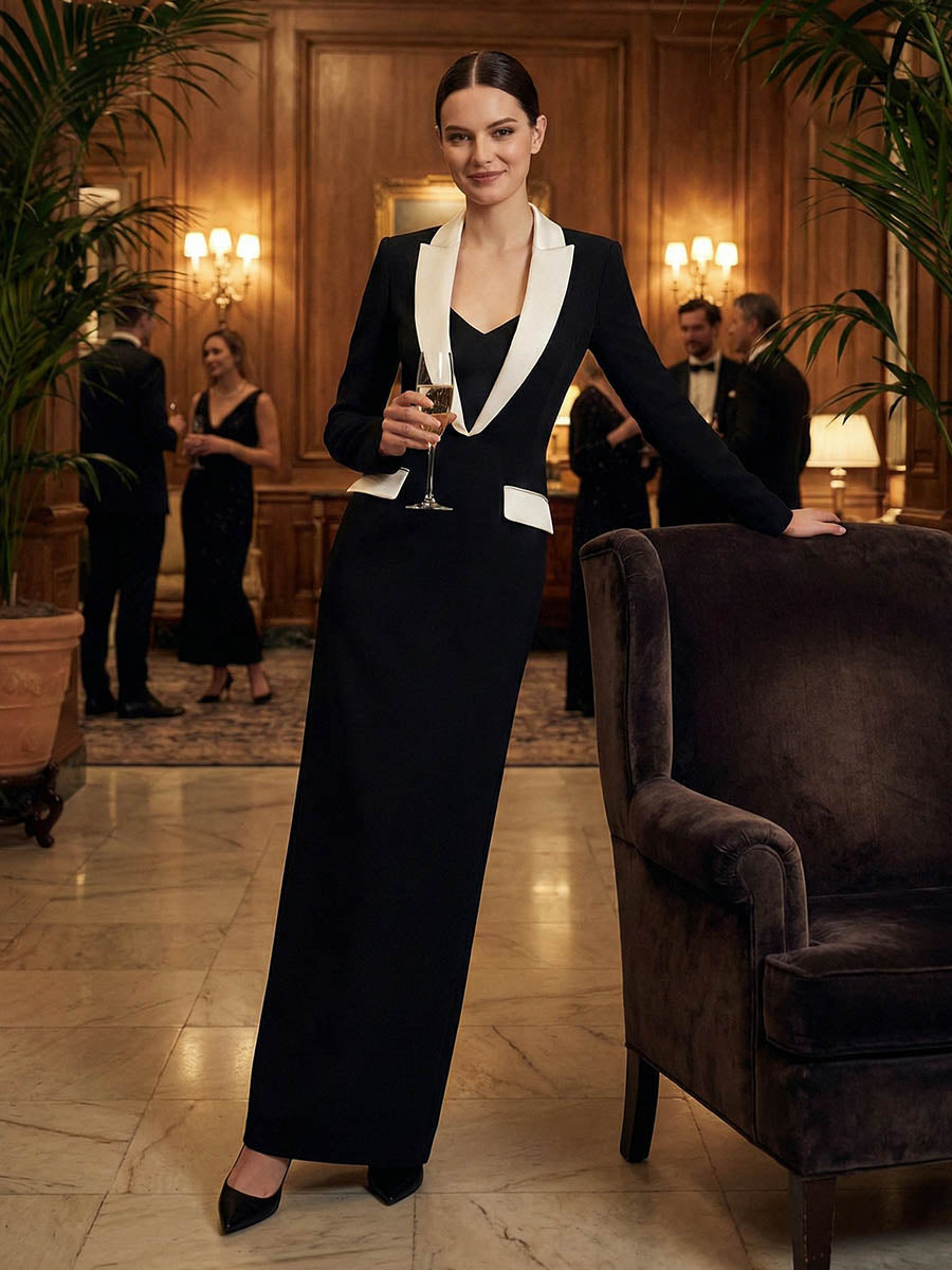 Long Sleeves Contrast Color Deep V-Neck Maxi Dresses