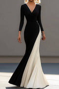 Formal Evening Dress Black White Pleated V-Neck Long Sleeve Maxi Dress