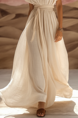 Bohemian Dress White V Neck Ruched Maxi Dress