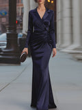 High Waisted Long Sleeves Pleated Solid Color Split-Side Notched Collar Maxi Dresses