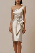 Wedding Guest Satin Dress Champagne One Shoulder Ruched Knee-length Dress
