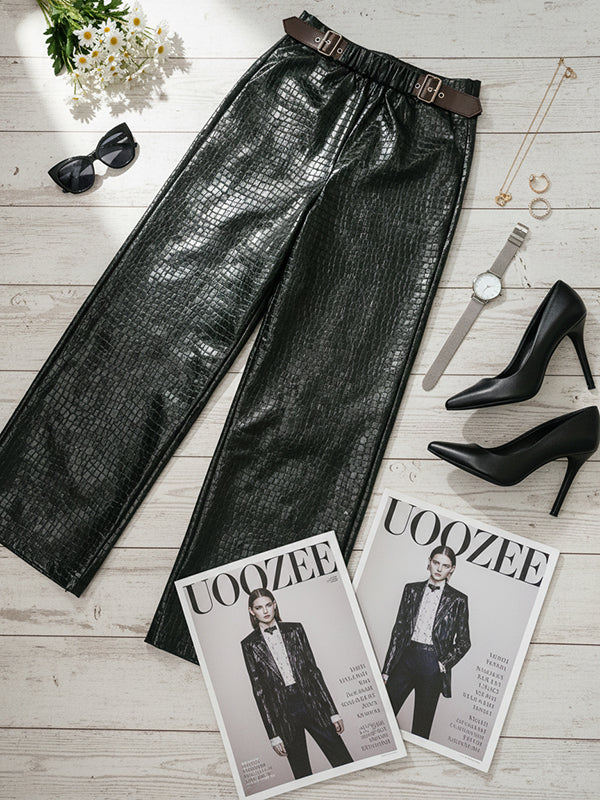 Loose Wide Leg Crocodile Texture Leather Loop Pants