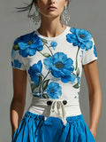 Short Sleeves Contrast Color Flower Print Round-Neck T-Shirts Tops