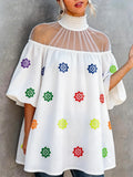 A-line Flared Sleeves Contrast Color Flower Print Pleated See-Through Split-Joint High Neck Blouses&shirts Tops