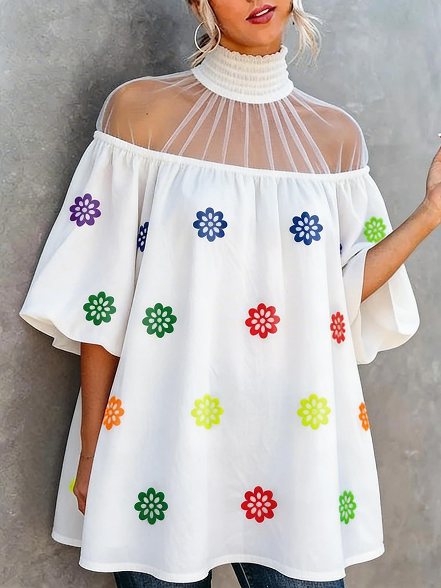 A-line Flared Sleeves Contrast Color Flower Print Pleated See-Through Split-Joint High Neck Blouses&shirts Tops