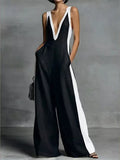 High Waisted Loose Contrast Color Pockets Deep V-Neck Jumpsuits