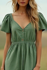 Bohemian Dress Green V Neck Ruched Maxi Dress
