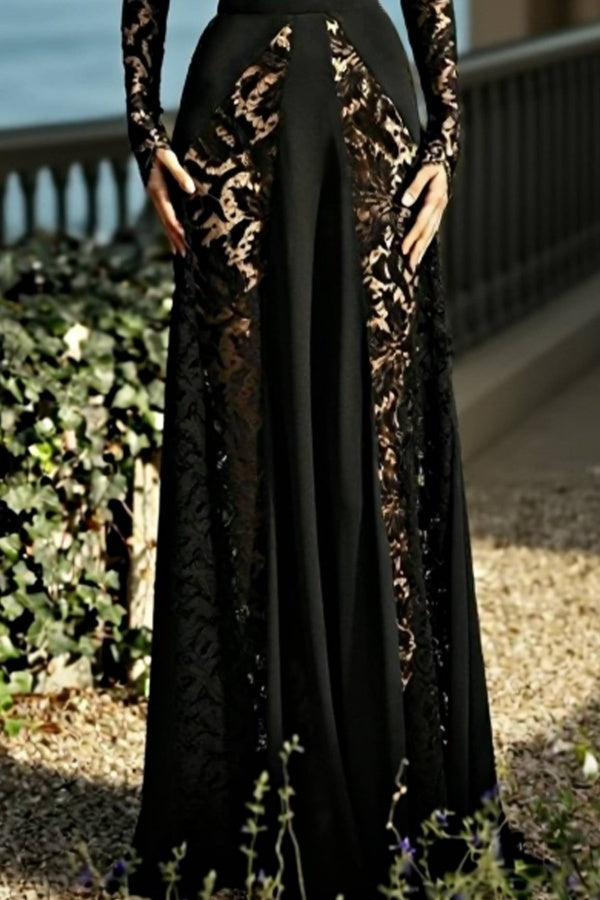 Formal Evening Dress Black V Neck Lace Maxi Long Sleeve Dress