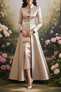 Champagne Formal Set Midi Dress & Maxi Coat with Pearl Belt