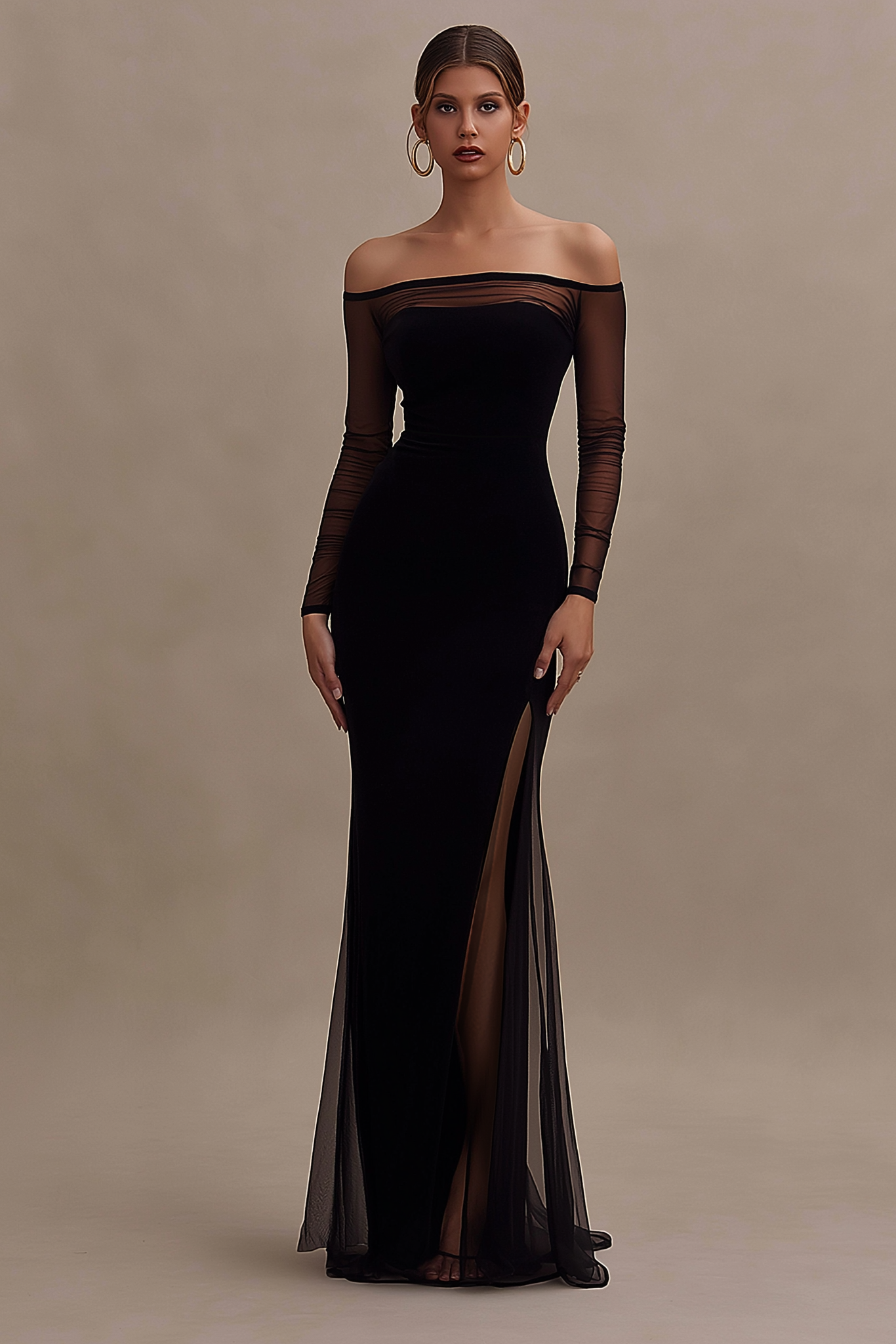 Formal Evening Dress Black Off Shoulder Mesh Maxi Dress