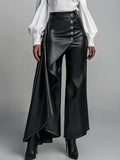 High Waisted Wide Leg Buttoned Pleated Solid Color Split-Joint Zipper Pants Trousers