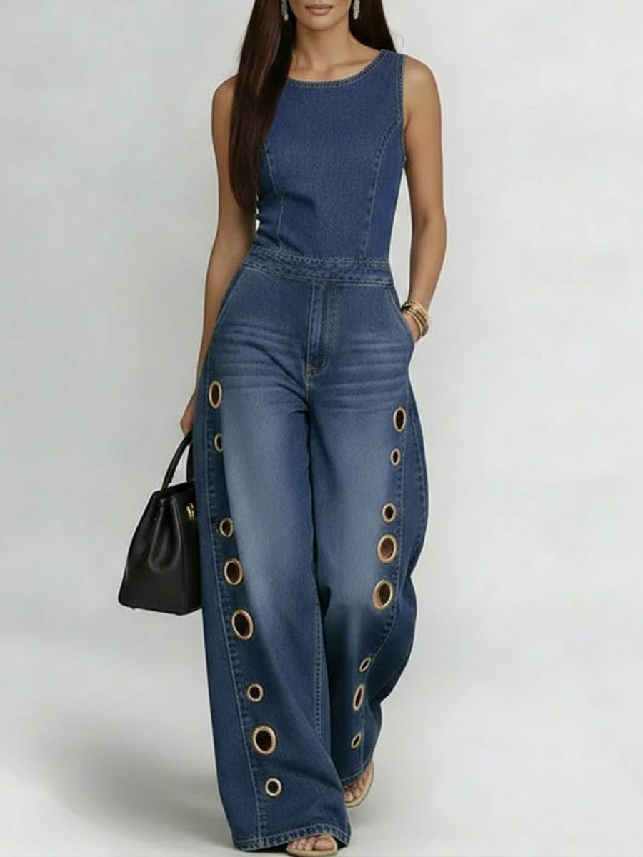 High Waisted Loose Geometric Hollow Pockets Solid Color Split-Joint Round-Neck Jumpsuits