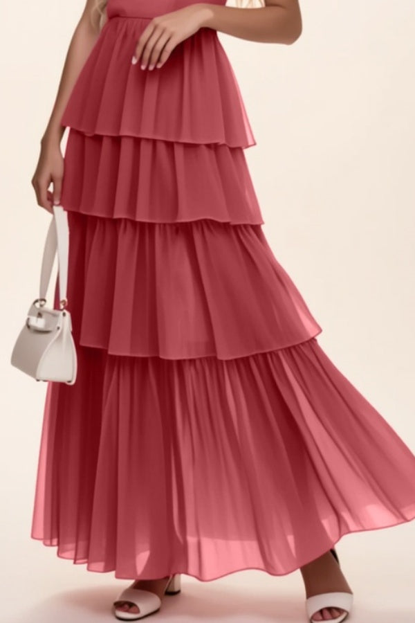 Vacation Party Tiered Dress Rose Red V Neck Chiffon Maxi Dress