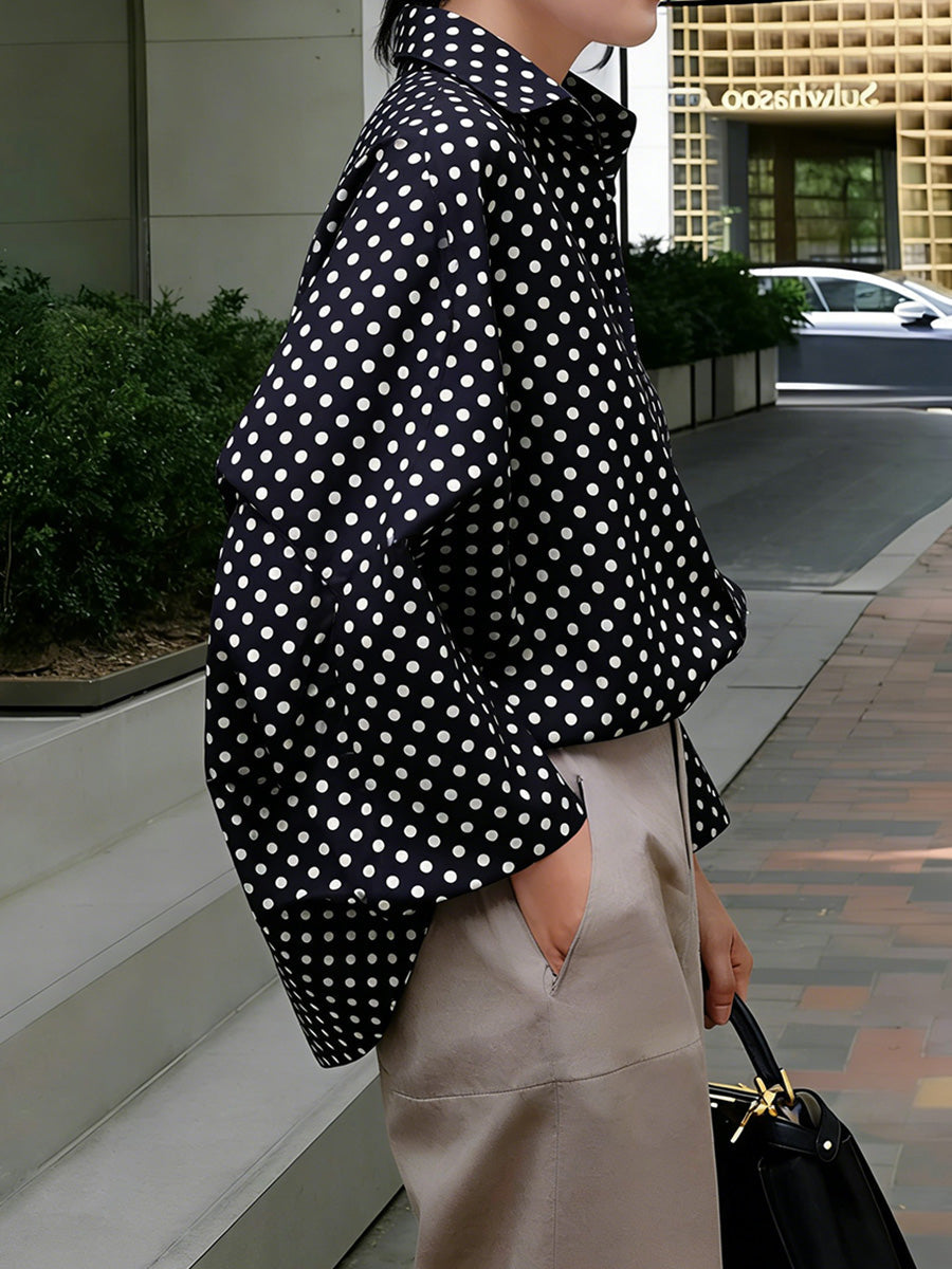 Long Sleeves Loose Buttoned Contrast Color Polka-Dot Split-Joint Lapel Blouses&Shirts Tops