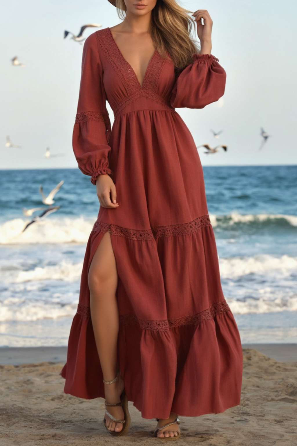 Bohemian Swing Dress Red V Neck Maxi Dress