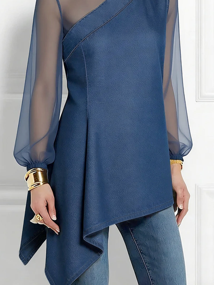 Long Sleeves Puff Sleeves Asymmetric Mesh Split-Joint Mock Neck Blouses&Shirts Tops