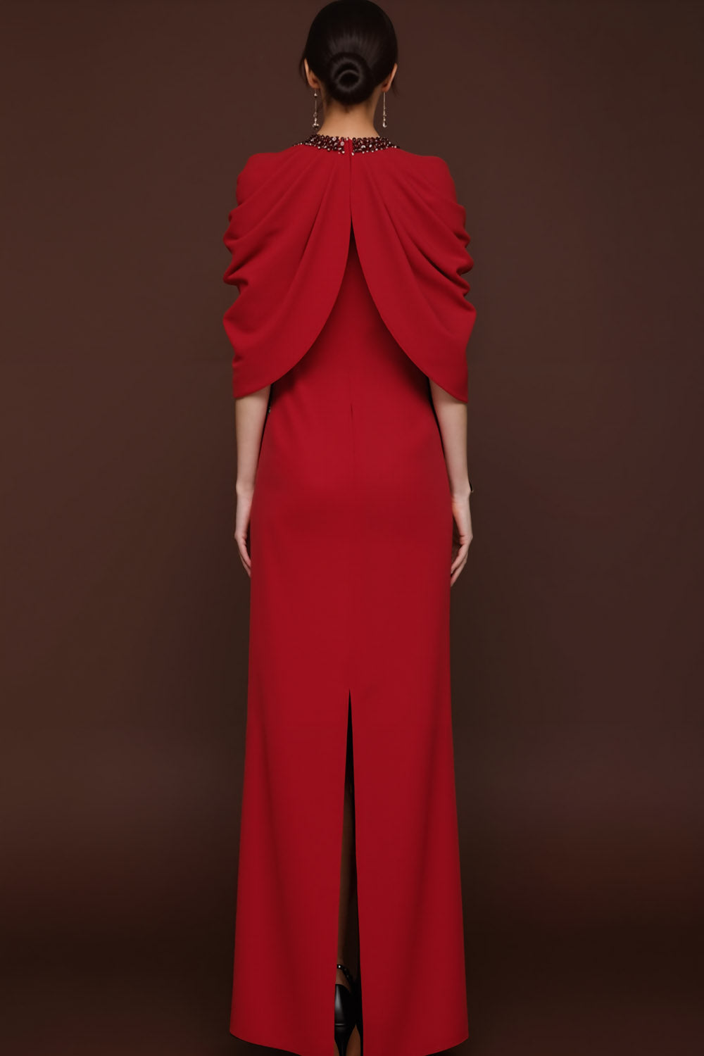 Red Evening Formal Dress Round Neck Cape Maxi Dress with Slit