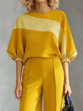 Batwing Sleeves Loose Contrast Color Pleated Split-Joint Round-Neck Blouses&Shirts Tops