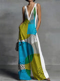 Loose Sleeveless Contrast Color Pockets Polka-Dot Printed Split-Joint Deep V-Neck Jumpsuits