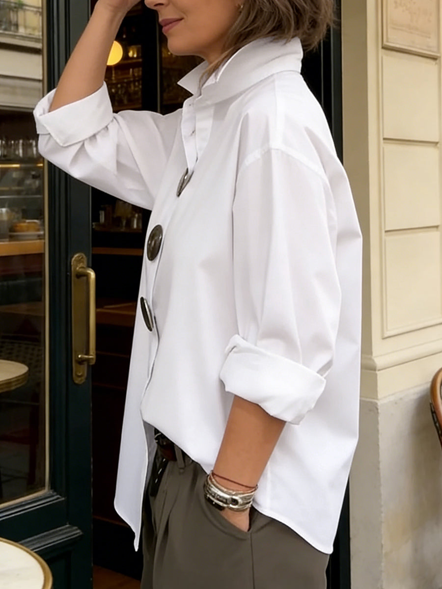Long Sleeves Loose Buttoned Solid Color Split-Joint Lapel Blouses&Shirts Tops