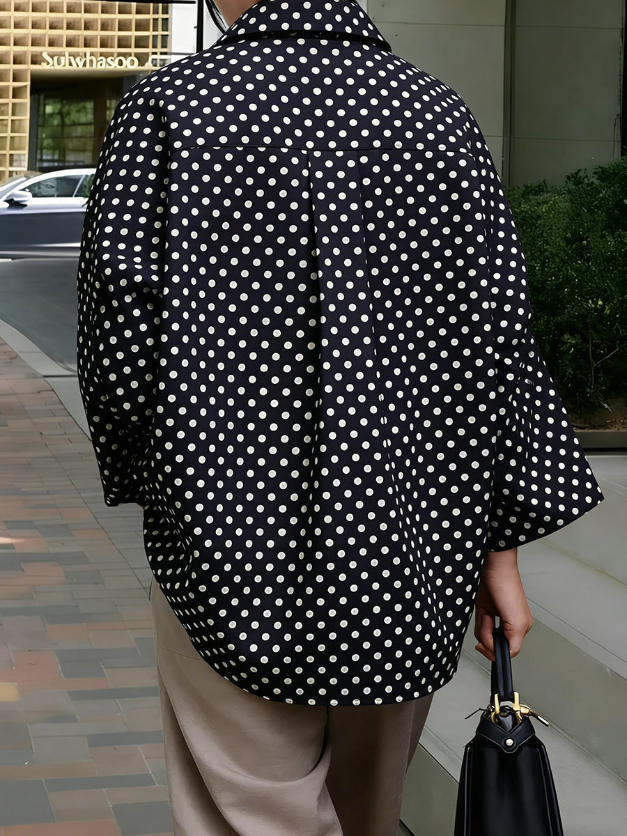 Long Sleeves Loose Buttoned Contrast Color Polka-Dot Split-Joint Lapel Blouses&Shirts Tops