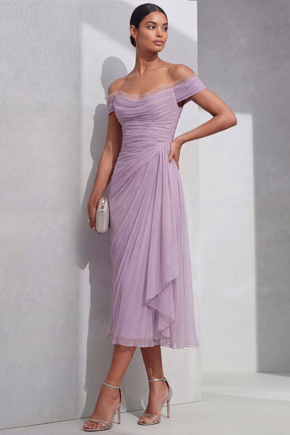 Lilac Formal Evening Dress Off the Shoulder Pleated Chiffon Midi Dress