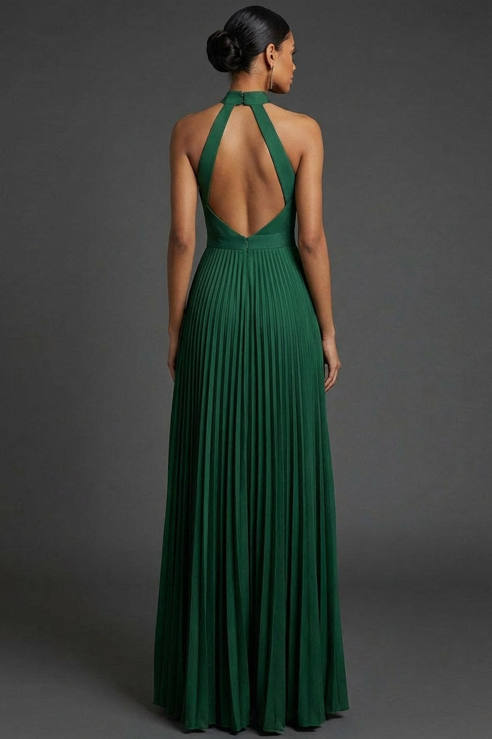 Dark Green Wedding Bridesmaid Dress Halter Pleated Maxi Dress with Slit