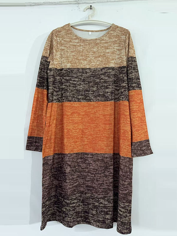 Long Sleeves Loose Contrast Color Printed Split-Joint Round-Neck Midi Dresses
